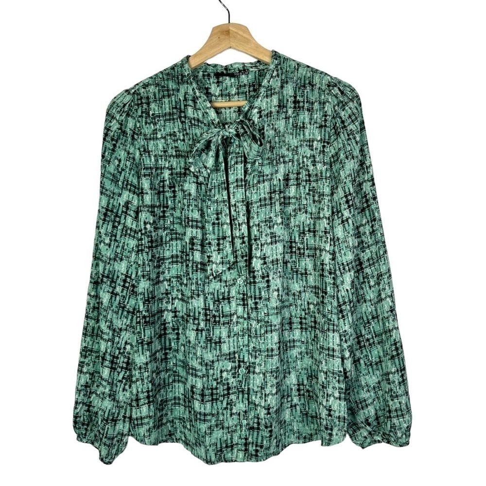 Ro & De Turquoise‎ Blue Tie Neck Button Down Long Sleeve Blouse M